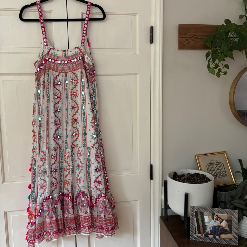 Juliet Dunn London Tribal Tassel Maxi Dress White Jade Embroidered Size 2 US 6/8 - Picture 12 of 16